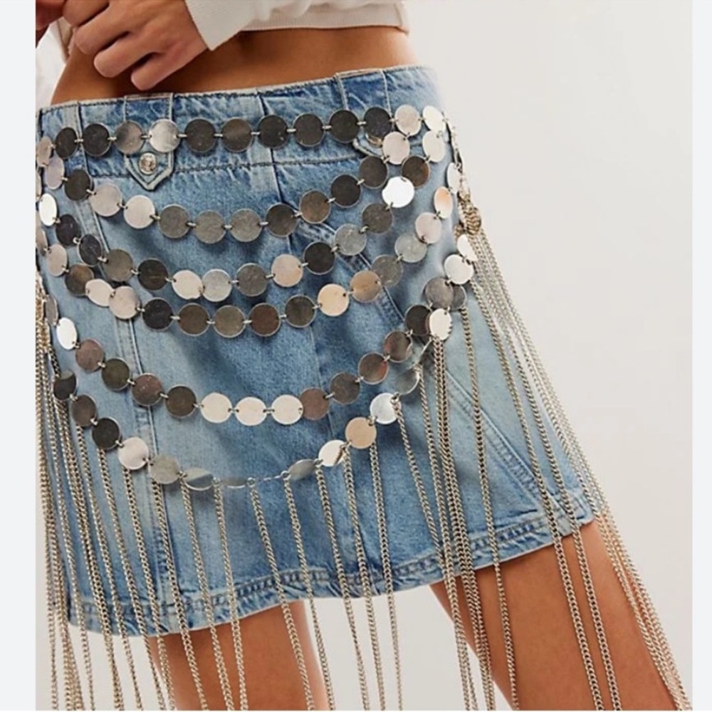 Free People Silver Coin Fringe Chain Belt